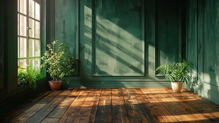 Soft afternoon light in a room with rich green walls and wood floors - obrazy, fototapety, plakaty