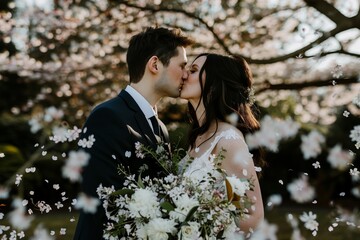 bride and groom kissing, cherry blossoms swirling around