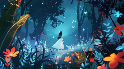 forest woman character surrounded by fantasy flora and fauna. Beautiful fairy tale background illustration. Generative AI