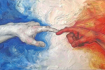 Expressive Hands Reaching Each Other in Vibrant, Colorful Abstract Painting
