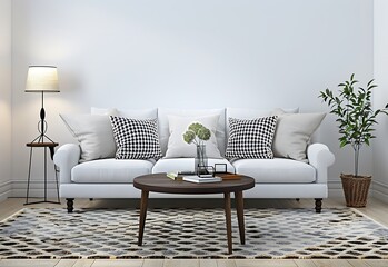 A simple and clean living room with a sofa, carpet on the floor, a coffee table in front of it, a lamp next to the sofa, light gray walls, a white wall background, soft lighting