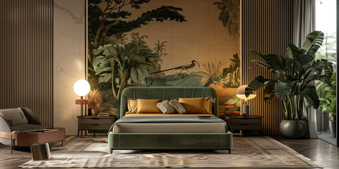 Modern bedroom interior with a poster with forest landscape with birds and animals - Powered by Adobe