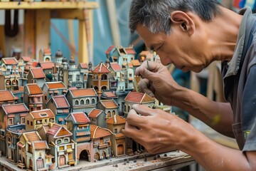 craftsman working on a tiny city with intricate buildings - obrazy, fototapety, plakaty