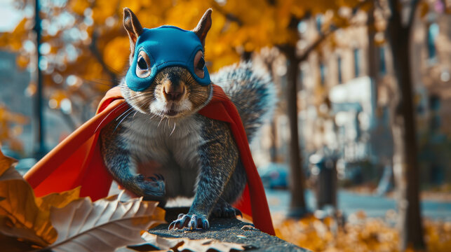 This striking image features a squirrel dressed as a superhero on a bench, against a backdrop of autumn foliage