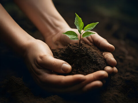 Trees planted on the ground in human hands with nature background, the concept of plant growth, and environmental protection.