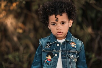 kid in a denim jacket with cartoon character embroidery