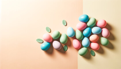 Multicolored Candy Eggs Encircle a Warm Beige Backdrop