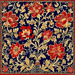Design a pattern that reflects the hand-painted or block-printed art of Kalamkari. Focus on mythological stories, featuring deities, vines, and flowers, in natural dyes of red, indigo, and mustard.