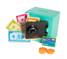 A toy bank with a key and a bunch of money in it. The money included