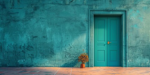 Ancient wall with blue doors and sun rays. - obrazy, fototapety, plakaty