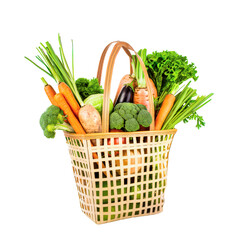 Isolated shopping cardboard basket full of fresh organic vegetables, healthy vegan and raw food diet