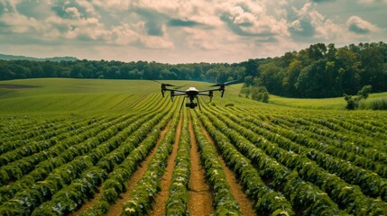 a Drone flying to spray fertilizer in the field, smart farmer concept. Ai generated - obrazy, fototapety, plakaty