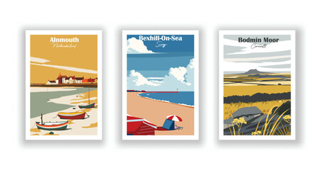 Alnmouth, Northumberland. Bexhill-On-Sea, Sussex. Bodmin Moor, Cornwall - Set of 3 Vintage Travel Posters. Vector illustration. High Quality Prints - obrazy, fototapety, plakaty