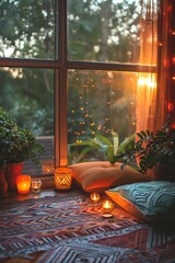 Meditation corner at home, candles and cushions, personal sanctuary, soft morning light , vibrant - obrazy, fototapety, plakaty