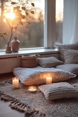 Meditation corner at home, candles and cushions, personal sanctuary, soft morning light , vibrant - obrazy, fototapety, plakaty
