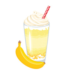 Banana milkshake. Vector cartoon illustration of fruit cocktail with whipped cream in glass cup. Summer drink flat icon.