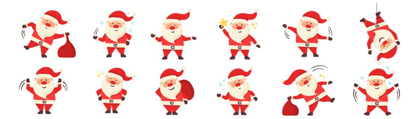 Cartoon vector illustration of Santa Claus and a decorated Christmas tree with gifts. Winter holidays design elements isolated on white. Funny and cute retro character. For New Year cards, banners