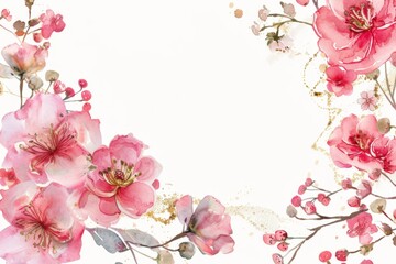 Cute pink floral frame border with golden line, in the watercolor style, white background Generative AI