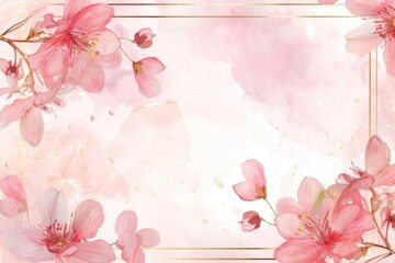 Pink floral frame with watercolor flowers and golden border on white background, pastel color Generative AI