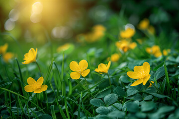 Green grass with yellow dandelions in the park. Nature background