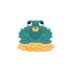 A figurine of a frog sitting on gold coins. Vector image of a green toad holding a gold coin in its mouth.