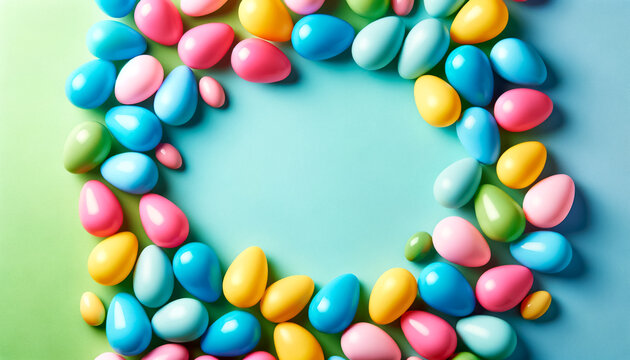 Multicolored Candy Eggs Encircle a Warm Beige Backdrop