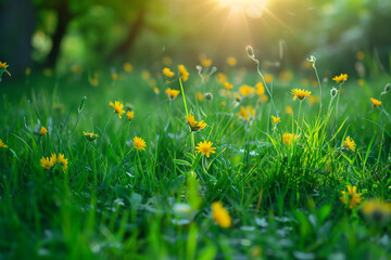 Green grass with yellow dandelions in the park. Nature background