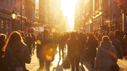 Crowds walking at sunset on a busy city street - obrazy, fototapety, plakaty