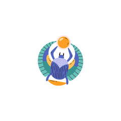 Scarab beetle with decorative wings and sun disc, vector cartoon ancient Egyptian mythology bug beetle creature symbol
