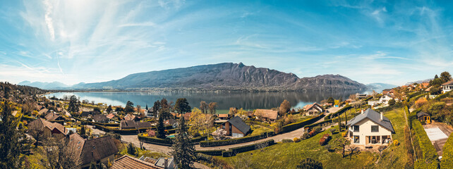 Discovery of Aix-Les-Bains, Lake Bourget and Revard with an aerial view by drone, landscape and...