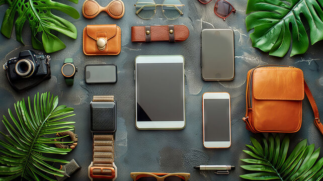 Elevated view of modern shopping essentials around digital device