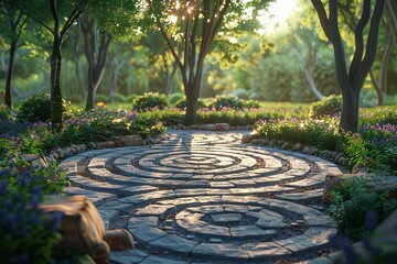 Outdoor meditation labyrinth, mindful walking, garden setting, reflective journey, warm afternoon , octane render - obrazy, fototapety, plakaty