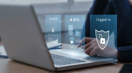 Multiple factor authentication MFA method using portable devices to protect data and account on internet data security concept, businessman using laptop with secure computer technology graphics icon.