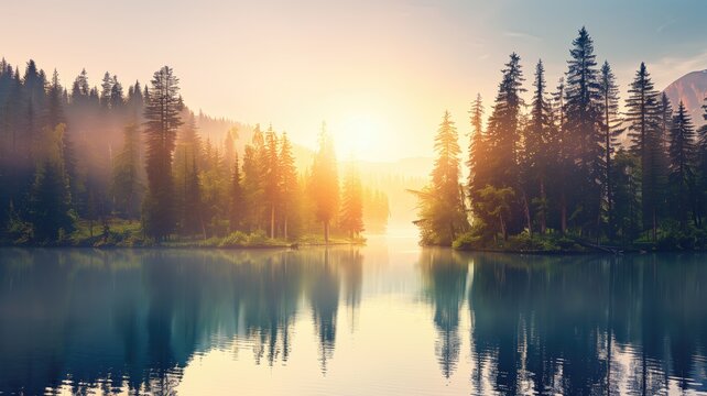 Majestic forest lake at sunrise, calm and reflective