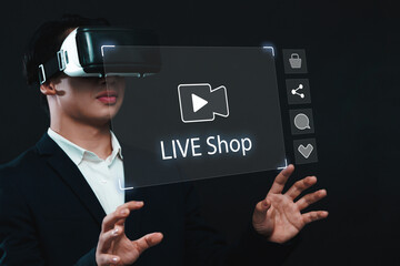 Businessman using VR Live shop ecommerce store concept, sales marketing selling products online on streaming platform, sales business person strategy using virtual reality headset with graphic icon.