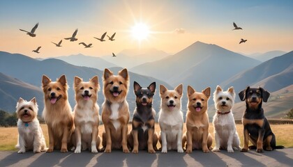 International dog day with cute dogs including Yorkshire dogs and domestic dogs are standing and looking front behind them mountains background with having birds shiny sky with a sun
