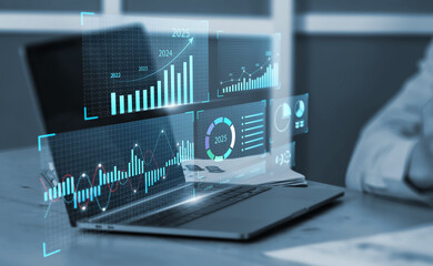 Business analytics tools charts and graphs with statistics to analyze business potential and forecast future development of companies growth with Businessman using laptop.