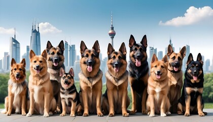 International dog day with cute dogs including Yorkshire dogs and German Shepherd dogs and domestic dogs are standing and looking front behind them city background