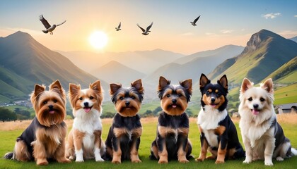 International dog day with cute dogs  including Yorkshire dogs and domestic dogs are standing and looking front behind them mountains background with having birds shiny sky with a sun