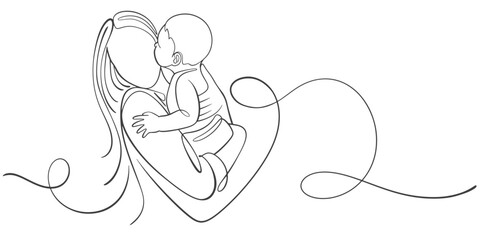 Mother and baby line art. Mom hugs child. Motherhood and newborn concept. Happy mother line vector illustration. Parent loving kid, happy mother day design for card - Powered by Adobe