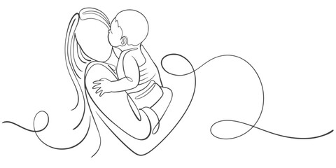 Mother and baby line art. Mom hugs child. Motherhood and newborn concept. Happy mother line vector illustration. Parent loving kid, happy mother day design for card