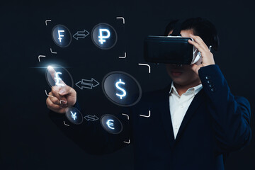 Currency exchange financial banking interbank foreign exchange and payment concept, with a businessman holding currency and wearing virtual reality interacting with symbols.