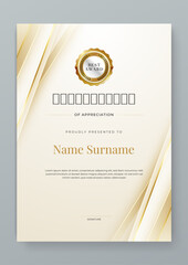 White and gold certificate design with luxury and modern certificate award design template pattern. Certificate of achievement, awards diploma, education, school