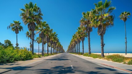 Sunny coastal avenue fringed by palms and sandy beach