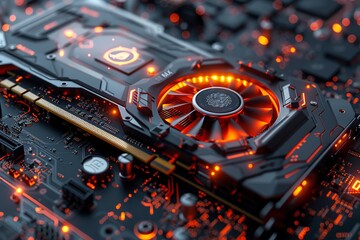 Delve into the intricate world of a graphics card through an accurate depiction showcasing its complex structure and components - obrazy, fototapety, plakaty
