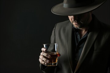 man in a fedora hat holding a glass of whiskey - obrazy, fototapety, plakaty