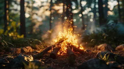  A close-up photo of a campfire crackling merrily against a backdrop of towering trees. © kamonrat