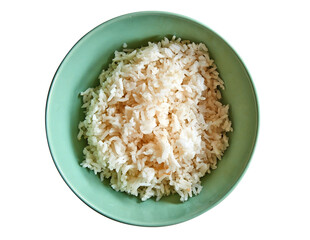 Green handmade bowl with white rice from above