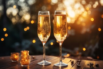 glasses of champagne over blur spots lights background.
