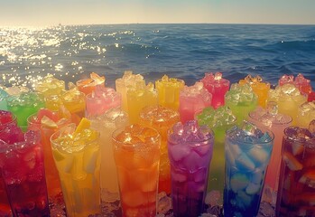 Colorful Seaside Refreshments, vibrant collection of colorful refreshments lined up against the sparkling backdrop of the ocean, embodying the essence of summer - obrazy, fototapety, plakaty